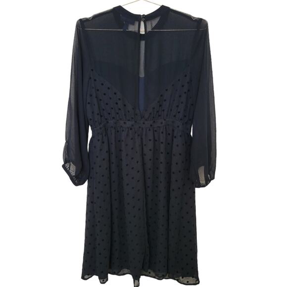 Modcloth Dress Sz Large L Black Polka Dot Velvet Sheer Long Sleeve Flowy - Picture 2 of 11